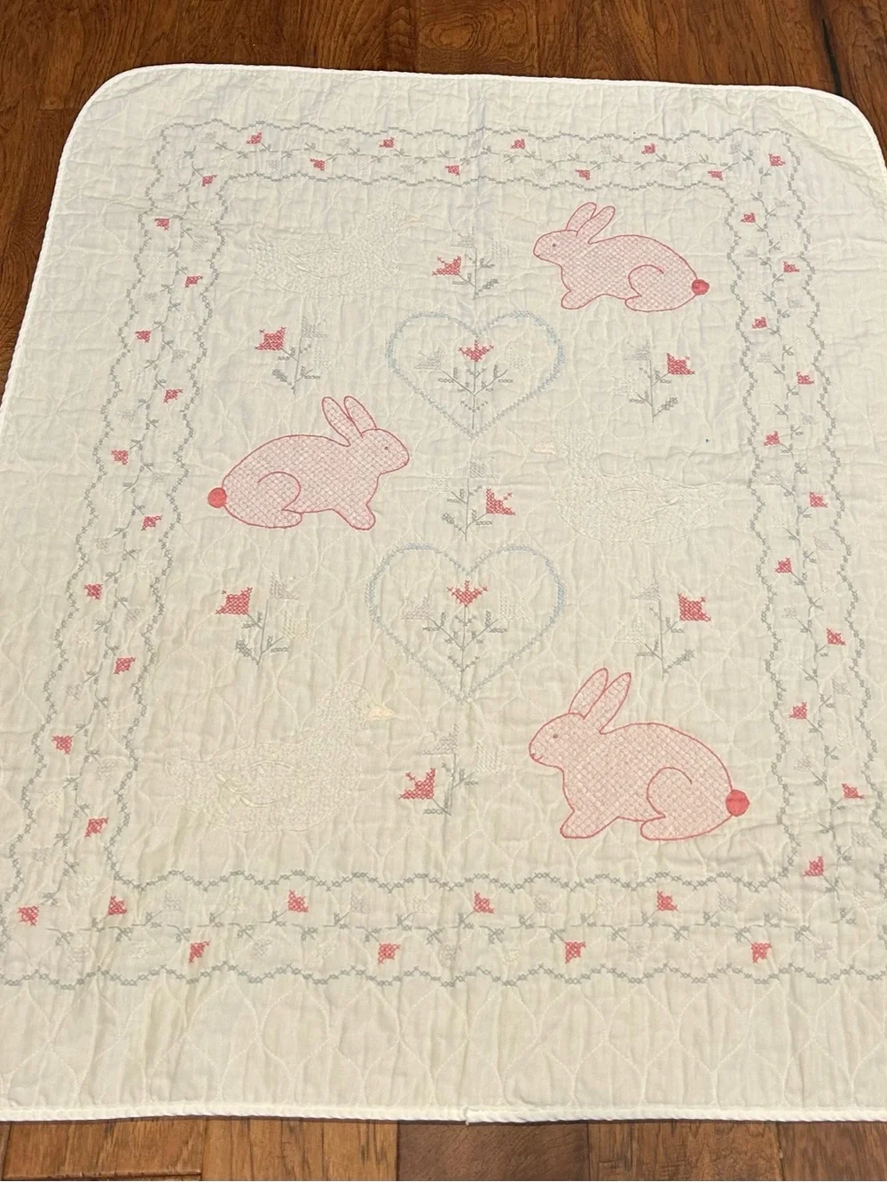 Vintage Hand Stitched  Baby Quilt with Ducks and Bunnies Finished Piece 32 X38